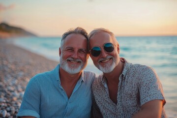 gentlemen couple sitting at the beach at sunset. smile and happy lifestyle for aged mature caucasian people in outdoor leisure activity. hug and love, Generative AI