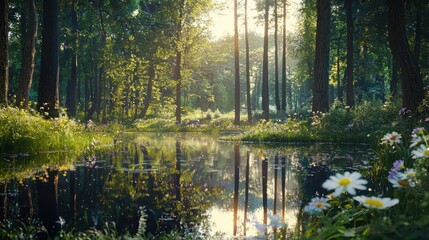 Poster - Sunlit Forest Pond with Blooming Flowers and Reflections