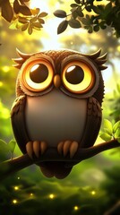 Wall Mural - Cute Cartoon Owl Perched on a Branch in a Forest