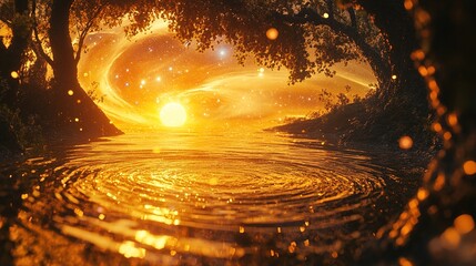 Wall Mural - A mystical and surreal landscape featuring a serene and reflective water surface, primarily illuminated by a golden and ethereal light. The scene is framed by dark, silhouetted trees with leaves softl