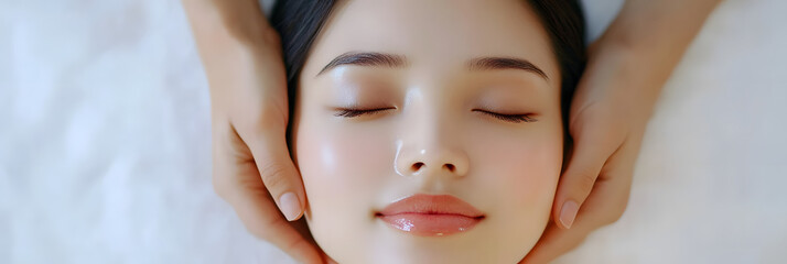 A beautiful woman is lying on the massage table with her eyes closed, and an Asian professional masseuse's hands gently touch her face and neck to smooth her skin. The background is white