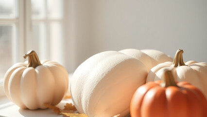 Canvas Print - White pumpkins with orange pumpkin on table