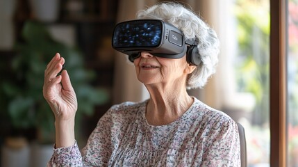 Poster - Individual with hearing loss using AI-based captioning glasses to watch television at home Stock Photo with copy space