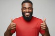 © Pixel Hues - Young african american man with beard wearing casual red t shirt pointing fingers to camera with happy and funny face. good energy and vibes, Generative AI