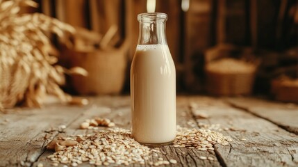 Oat milk in a glass bottle on a rustic wooden table.