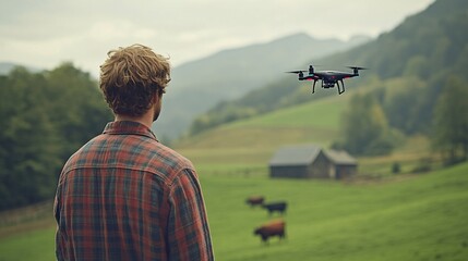 Poster - Young farmer using AI-powered drone to monitor livestock health and behavior in a large field surrounded by green pastures Stock Photo with copy space