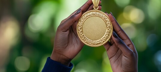 Wall Mural - black person hands hold golden medal. sport winner tournament competition.