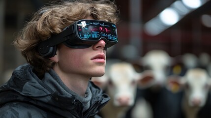 Poster - Young farmer wearing smart glasses that display real-time data on the health and productivity of livestock as they walk through the farm Stock Photo with copy space