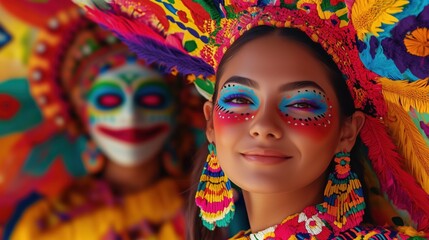 Vibrant and colorful portrait of three women in traditional Mexican attire, showcasing the rich cultural heritage of the Yucatan region. Each woman is wearing an elaborate headdress with bright colors