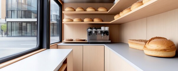 Bakery truck with sleek, modern design, minimalist and chic, set in a trendy downtown area