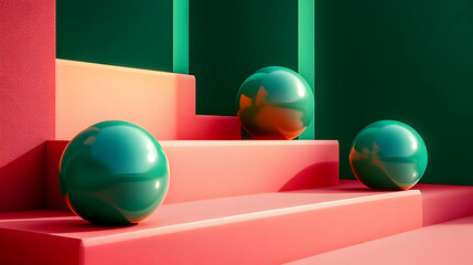 Wall Mural - Three Shiny Green Spheres on a Pink Platform.