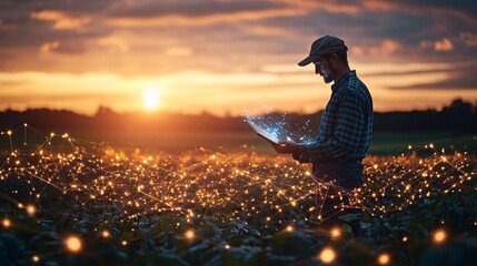 Poster - Young farmer using AI to optimize feeding schedules for livestock based on data from automated monitoring systems Stock Photo with copy space