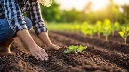 Poster - Young farmer using AI to analyze soil conditions for optimal pasture growth ensuring high-quality feed for livestock Stock Photo with copy space