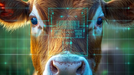 Poster - Farmer using AI-driven facial recognition technology to track individual livestock for personalized health and productivity monitoring Stock Photo with copy space