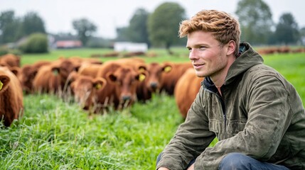 Poster - Young farmer using AI to streamline the management of livestock records and inventories improving efficiency and decision-making Stock Photo with copy space