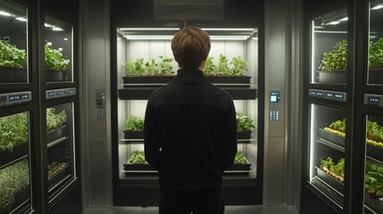 Poster - Farmer utilizing AI to analyze data on light and nutrient levels ensuring optimal growth conditions for crops in a vertical farming system Stock Photo with copy space