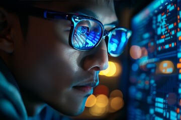 A focused young man in glasses, looking at data on his computer screen with blue light reflecting off the glass of his eyeglasses. 