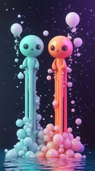 Poster - Cute Cartoon Characters with Bubbles and Water