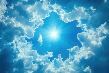sun shining through hole in clouds on blue sky background