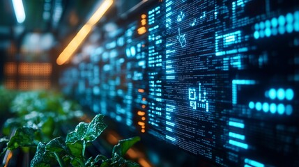 Poster - AI-enhanced monitoring system tracking the growth and health of crops in a plant factory providing real-time data to the farmer Stock Photo with copy space