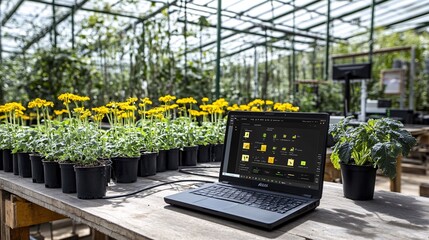 Poster - AI-enhanced monitoring system tracking the growth and health of crops in a plant factory providing real-time data to the farmer Stock Photo with copy space