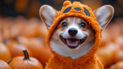 Cute corgi dog autumn concept. Happy funny animal in sweater, scarf and hat.