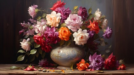 Oil painting of a bouquet of roses in a vintage vase, with rich, deep colors and textured brushstrokes.