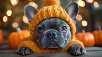 Cute french bulldog  dog autumn concept. Happy funny animal in sweater, scarf and hat.