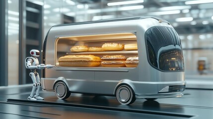 Futuristic bakery truck with robotic service, sleek metallic body, set in a high-tech city environment