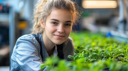 Poster - Young farmer using AI to monitor and adjust CO2 levels in a high-tech plant factory promoting healthy plant growth Stock Photo with copy space