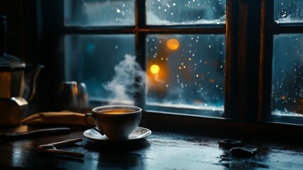 Wall Mural - A cup of  tea on a wooden windowsill against the background of an autumn rainy window. Autumn mood aesthetic. Vintage background composition