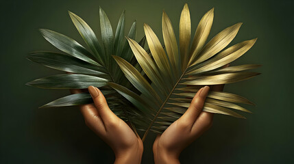 Wall Mural - Two hands holding a golden and green palm leaf against a green background.