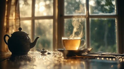 Wall Mural - A cup of  tea on a wooden windowsill against the background of an autumn rainy window. Autumn mood aesthetic. Vintage background composition