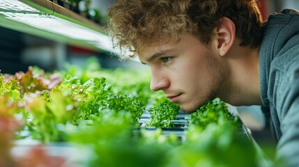 Poster - Young farmer using AI to track and record the growth cycle of plants in a plant factory ensuring data-driven decisions Stock Photo with copy space