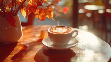 Wall Mural - Autumn aesthetic still life with coffee cup, light brown fall leaves, vintage cafe in sunlight with natural shadow. Neutral pastel lifestyle autumn background.