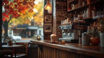 Wall Mural - Autumn aesthetic still life with coffee cup, light brown fall leaves, vintage cafe in sunlight with natural shadow. Neutral pastel lifestyle autumn background.