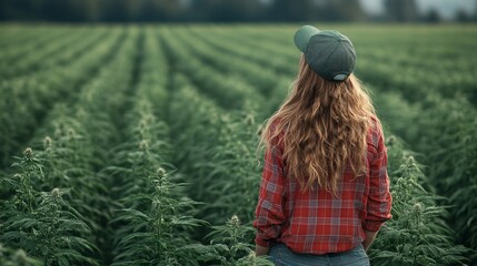 Poster - Young farmer using AI to monitor plant health through sensors and cameras placed throughout a high-tech plant factory Stock Photo with copy space