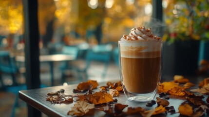 Wall Mural - Autumn aesthetic still life with coffee cup, light brown fall leaves, vintage cafe in sunlight with natural shadow. Neutral pastel lifestyle autumn background.