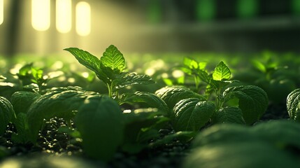 Poster - Farmer using AI to optimize the spacing and arrangement of plants in a vertical farm to maximize light exposure and growth Stock Photo with copy space