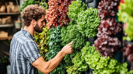 Poster - Farmer using AI to optimize the spacing and arrangement of plants in a vertical farm to maximize light exposure and growth Stock Photo with copy space