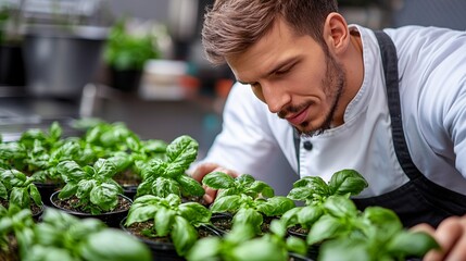 Poster - Young farmer using AI-powered analytics to improve crop selection and variety management in a high-tech plant factory Stock Photo with copy space