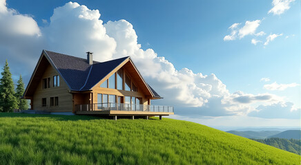 A picturesque wooden cabin on a green hilltop under a blue sky with fluffy clouds during a sunny day