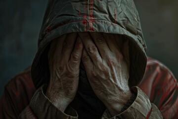 A person wearing a hooded jacket covers their face with their hands, concealing their identity