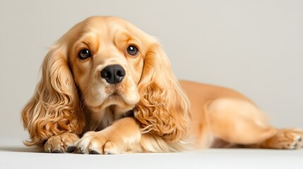 Adorable golden cocker spaniel puppy resting on a white background