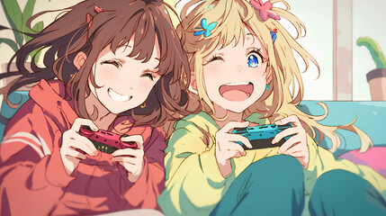 two anime girls playing games against a colorful cinematic game background