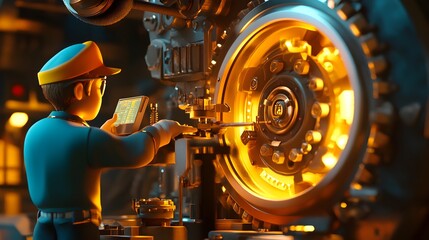 Wall Mural - Skilled Industrial Worker Repairing Complex Machinery in Workshop