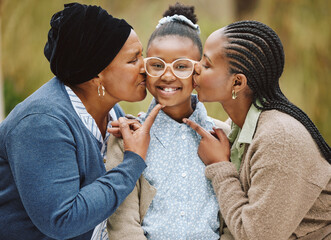 Wall Mural - Kiss, mom and happy girl with grandmother for portrait, love or bonding together with care in park. Kid, child and African parent in nature with support, daughter or teenager with smile in Namibia