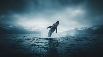 Poster - Humpback Whale Leaping in a Dramatic Seascape with Mountains in the Background