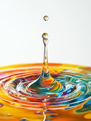 A single water drop creates colorful ripples in a still pool.