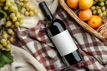 Wall Mural - Mockup of red wine bottle with label for branding lying on blanket with basket of fruits